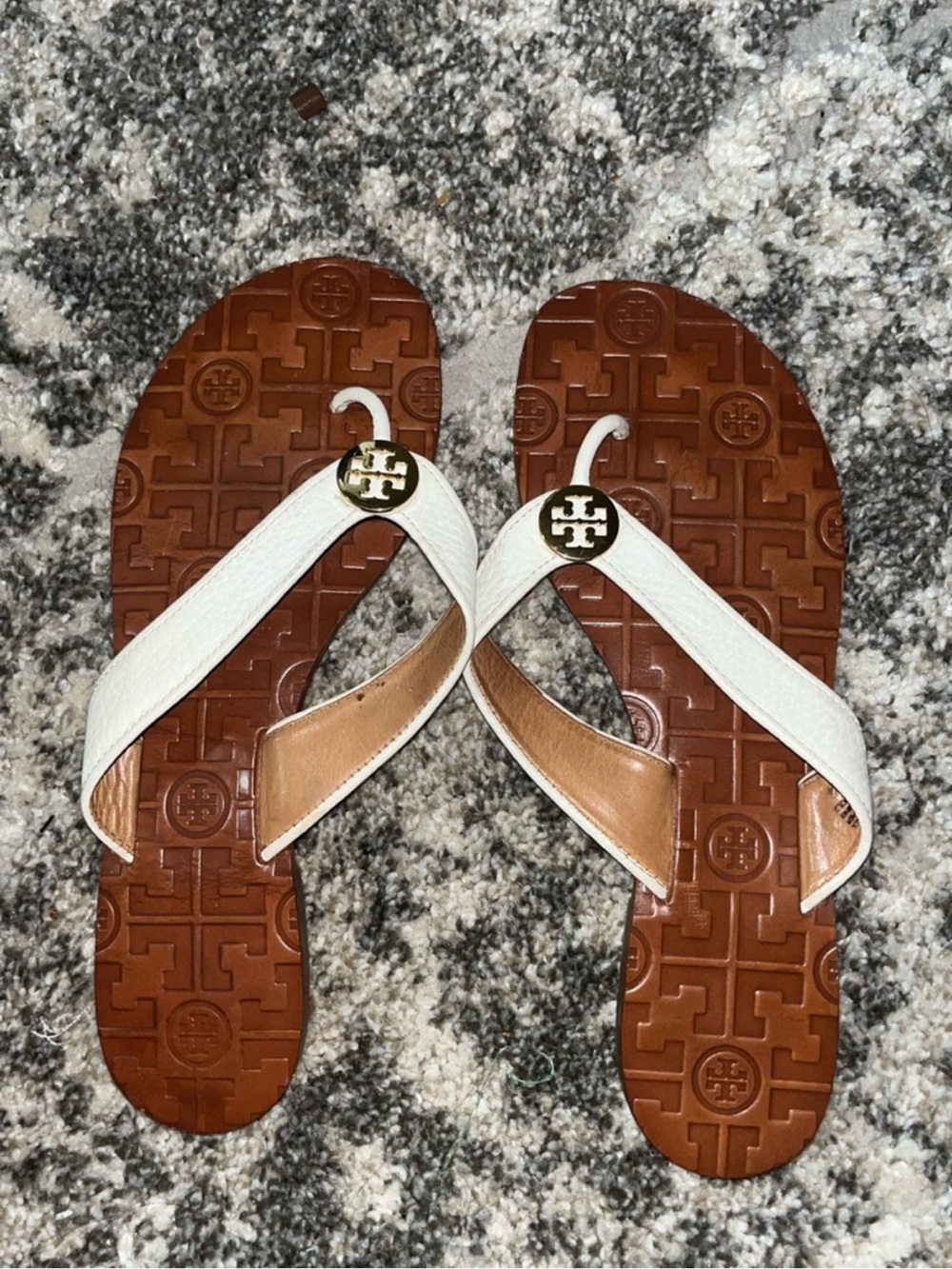 Tory Burch White and Brown Leather Logo Thong Sandals